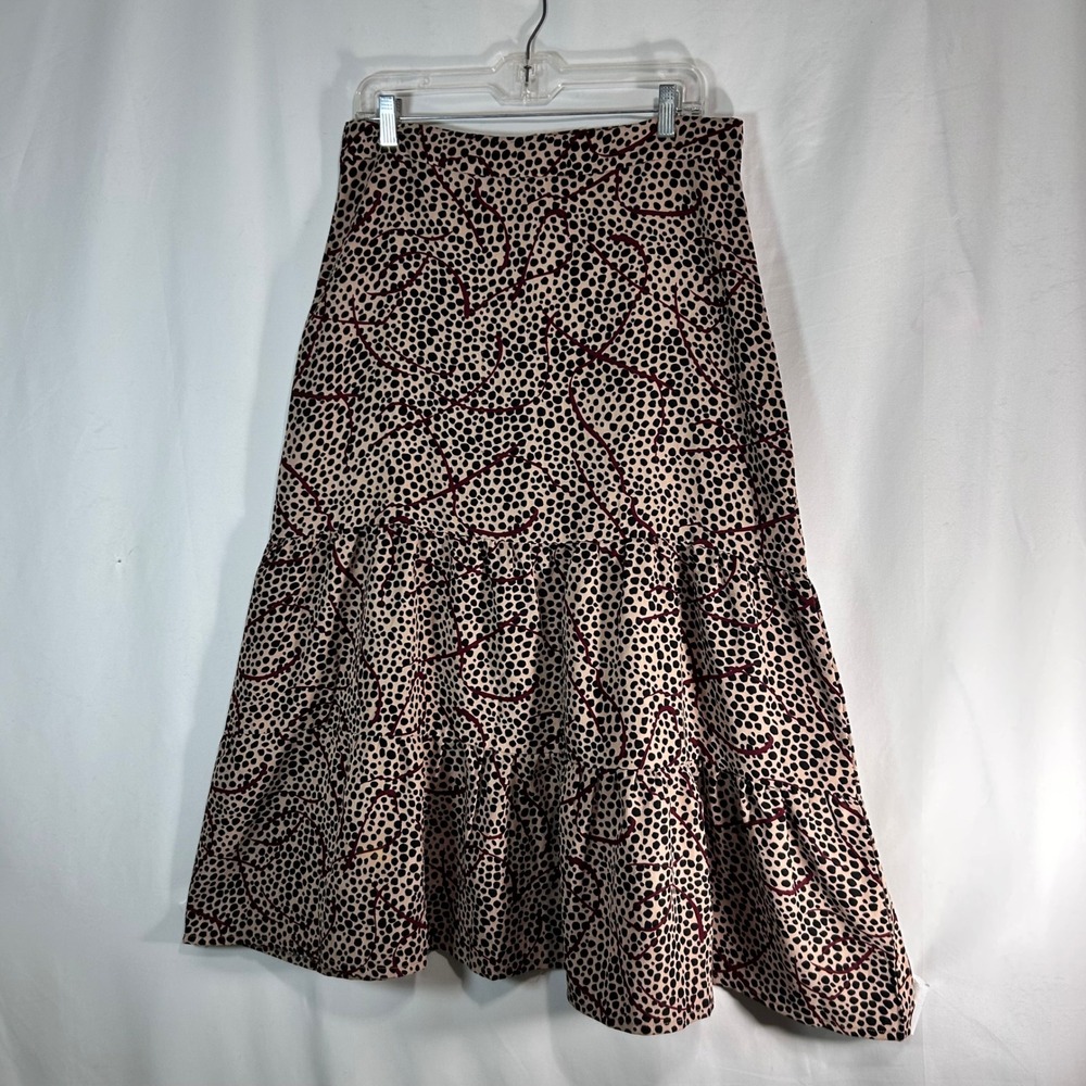 EPIK‎ Tan Black Polka Dot Tiered Midi Skirt with Burgundy Swirl Accents
